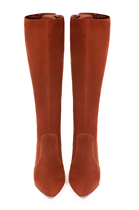 Terracotta orange women's feminine knee-high boots. Tapered toe. High slim heel. Made to measure. Top view - Florence KOOIJMAN